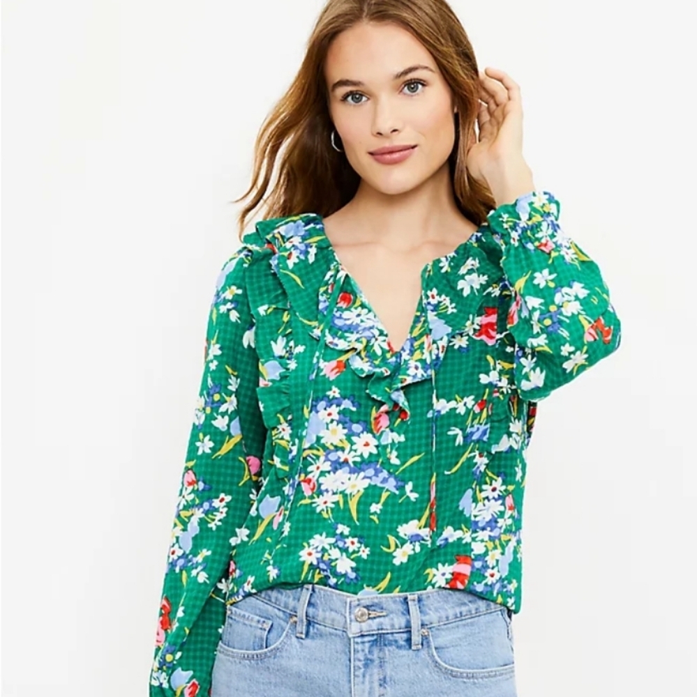 Loft Green Floral Bouquet ruffle blouse